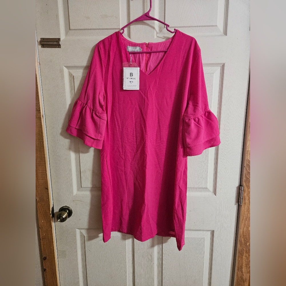 BELONGSCI PINK MINI DRESS: BELL SLEEVES: NEW WITH TAGS: SIZE L